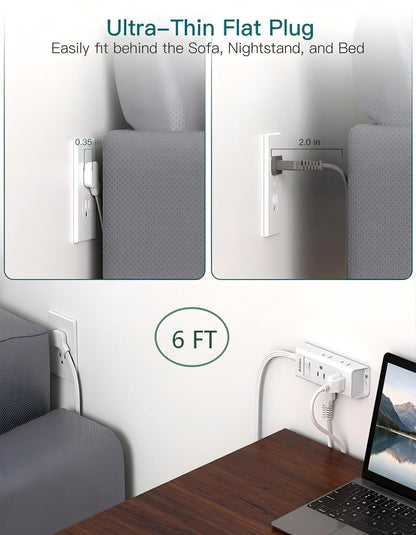 Addtam Flat Plug Extension Cord with 6 Outlet Extender for Cruise Travel