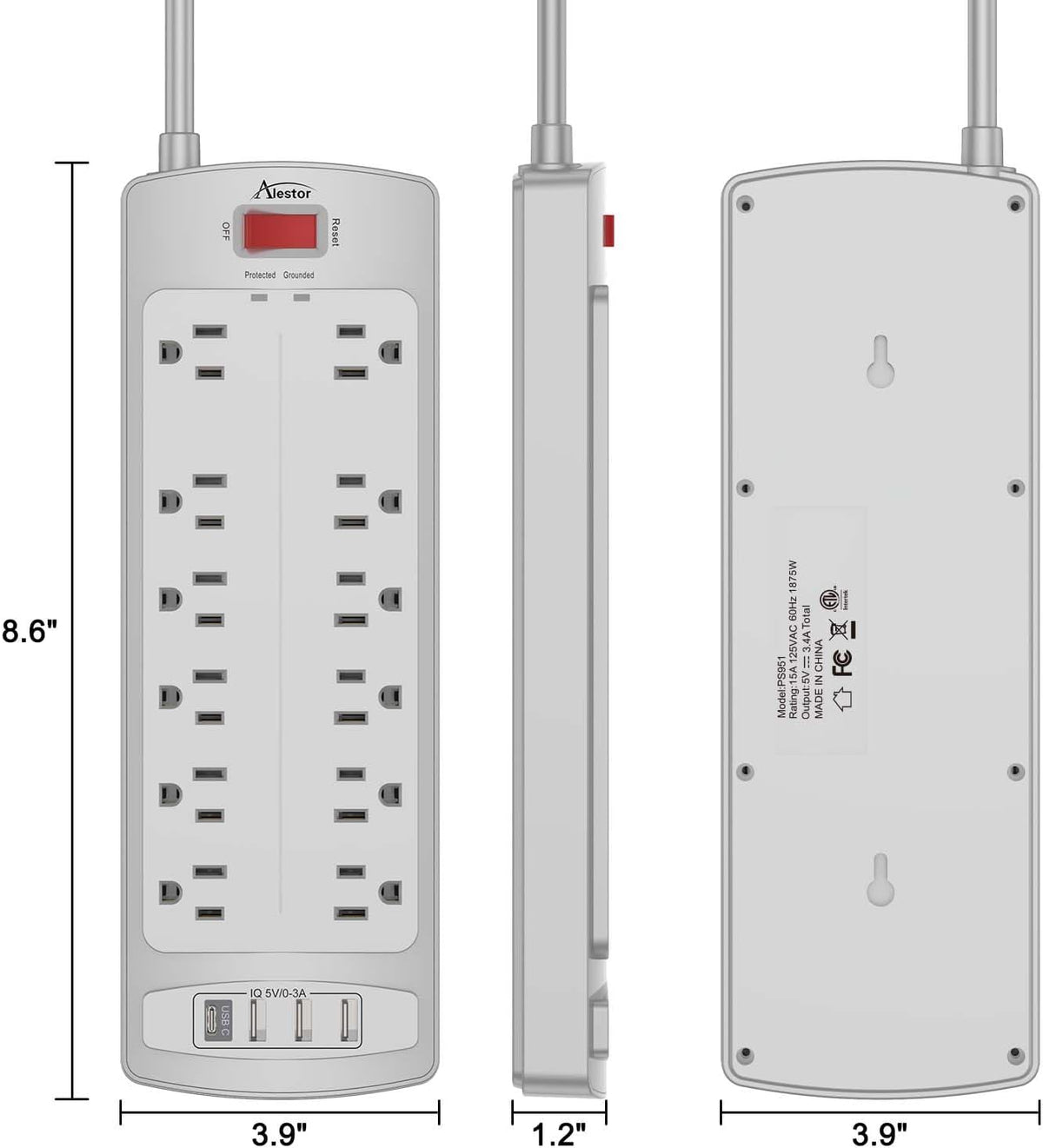 ALESTOR 10 Ft Surge Protector Power Strip with 12 Outlets and 4 USB Ports