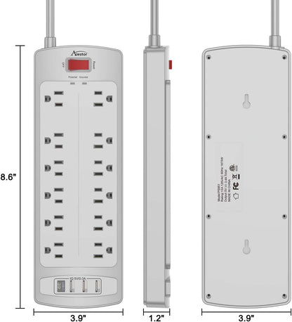 ALESTOR 10 Ft Surge Protector Power Strip with 12 Outlets and 4 USB Ports