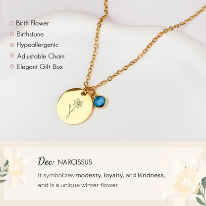 Birth Flower Necklaces for Women, 18K Gold Plated Birthstone Necklaces