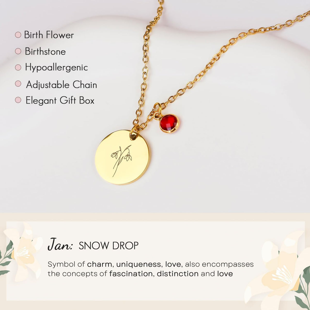 Birth Flower Necklaces for Women, 18K Gold Plated Birthstone Necklaces