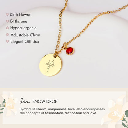 Birth Flower Necklaces for Women, 18K Gold Plated Birthstone Necklaces