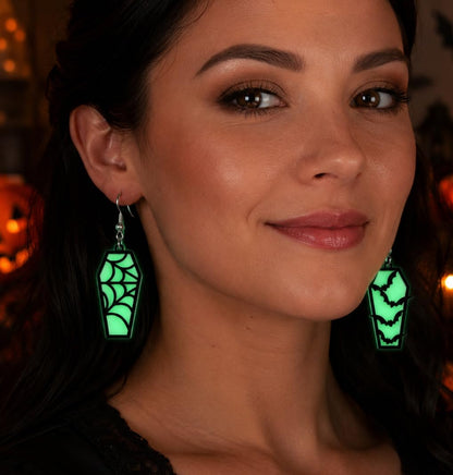 Glow in the Dark Halloween Earrings, Bat Ghost Coffin Boo Dangle Earrings