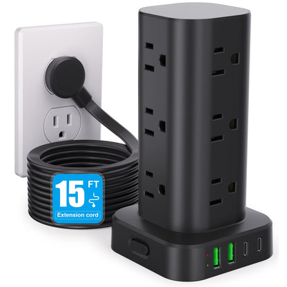 6FT Power Strip Tower Surge Protector, 12 Wide Spaced Outlets, 4 USB