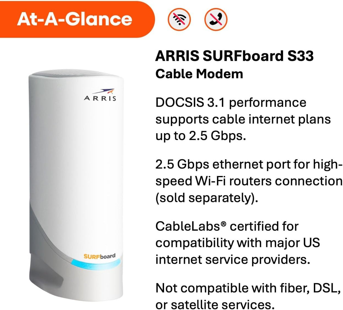ARRIS Surfboard S33 DOCSIS 3.1 Multi-Gig Cable Modem | Up to 2.5 Gbps