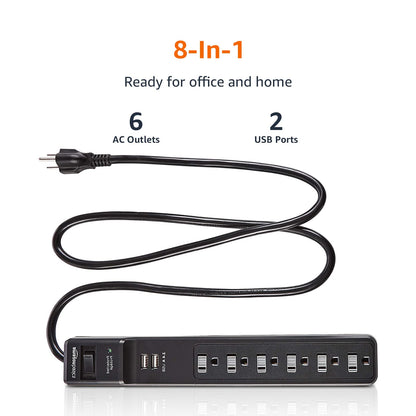 Amazon Basics Surge Protector Power Strip, 6-Outlet, 790 Joules, 6ft Extension Cord, Safety Shutters, White