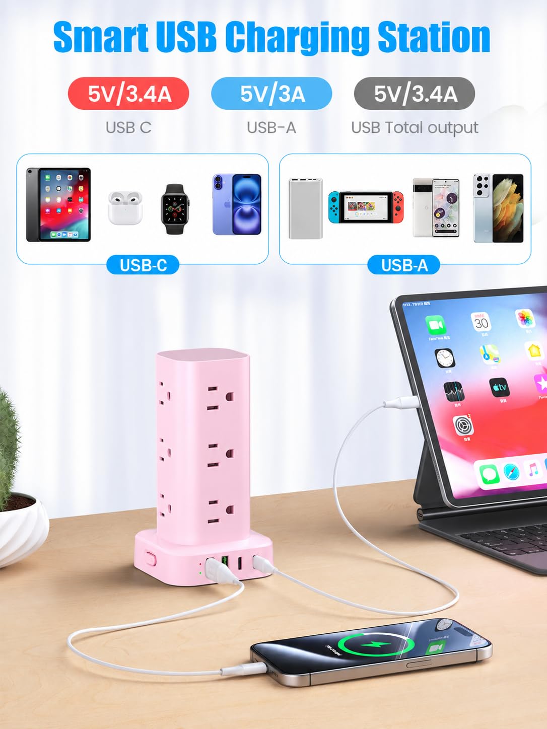 6FT Power Strip Tower Surge Protector, 12 Wide Spaced Outlets, 4 USB