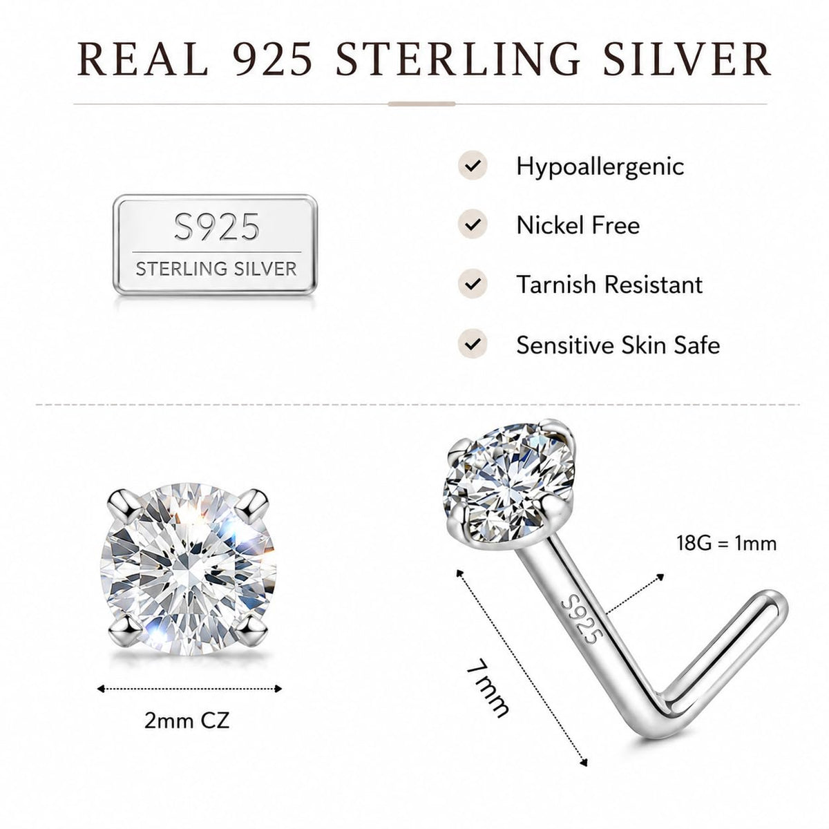 925 Sterling Silver Nose Ring Stud for Women, 18G/20G/22G/24G, L Shaped