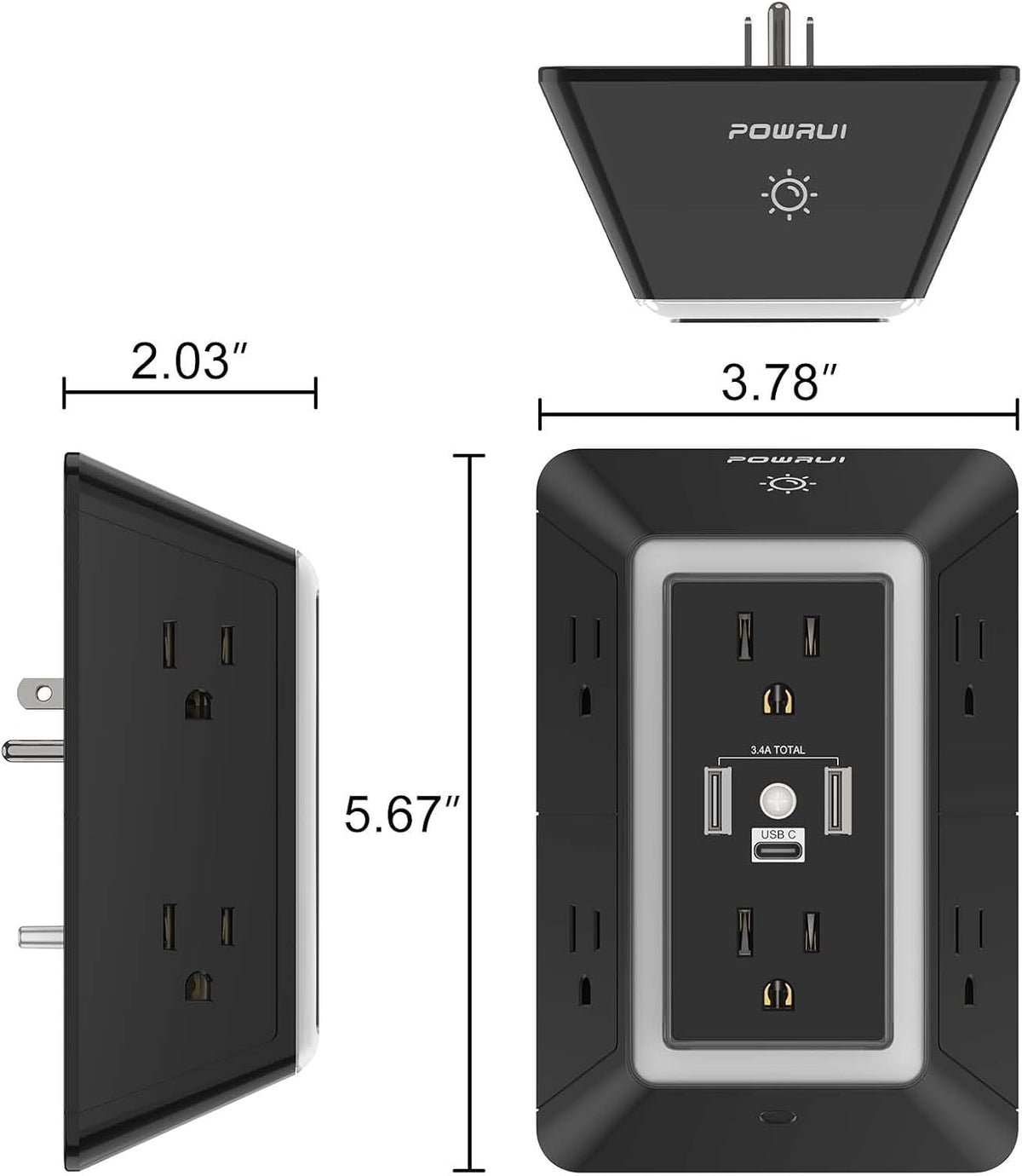 Multi Plug Wall Outlet Night Light, POWRUI 6 Outlet Extender & 3 USB Ports