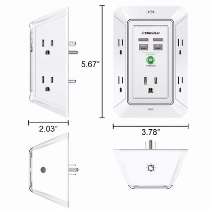 Multi Plug Wall Outlet Night Light, POWRUI 6 Outlet Extender & 3 USB Ports