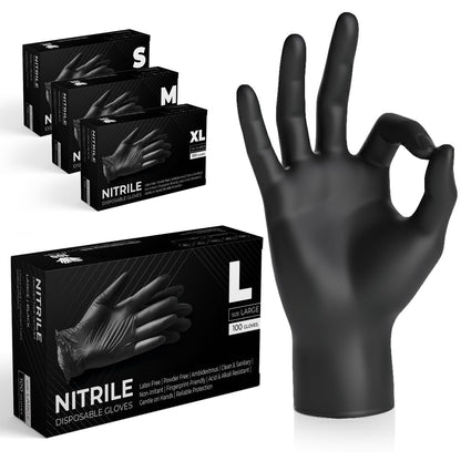 The Real Touch Black Nitrile Multi-Purpose Disposable Gloves, Powder Free, Disposable, Extra Strong - Box of 100 (Black, Large)