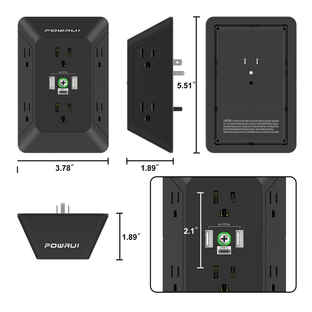 Multi Plug Wall Outlet Night Light, POWRUI 6 Outlet Extender & 3 USB Ports