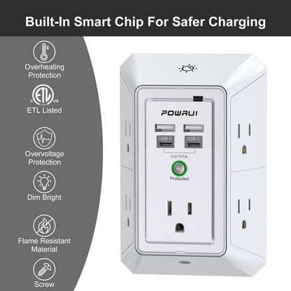 Multi Plug Wall Outlet Night Light, POWRUI 6 Outlet Extender & 3 USB Ports