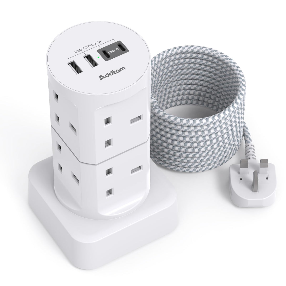 Tower Extension Lead with USB Slots, 8 Way Multi Plug Extension Tower &4USB