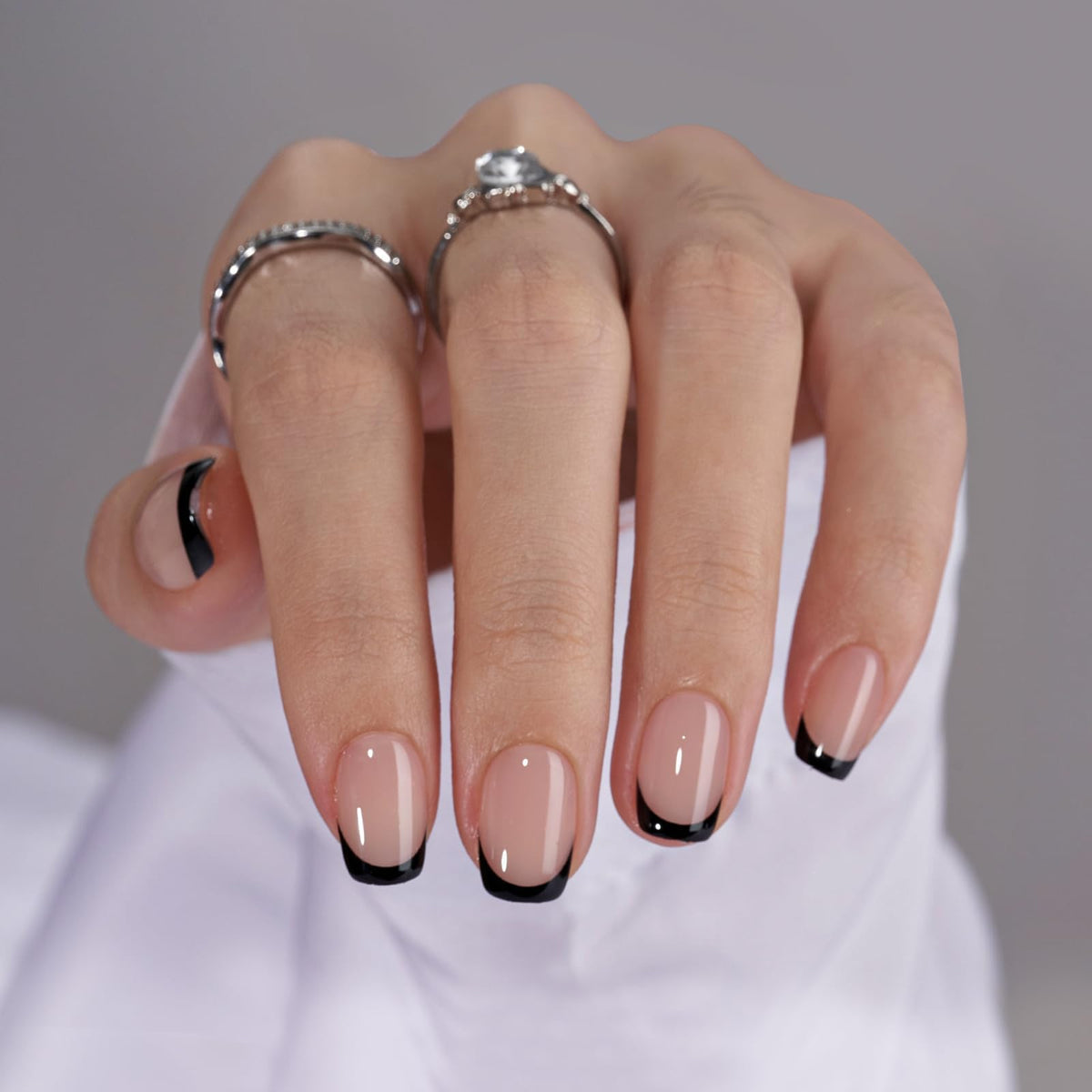 BTArtbox Press On Nails, Short Almond French Tip Nails, 32Pcs Full Kit