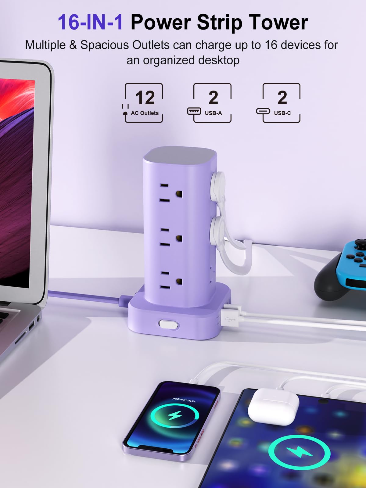 6FT Power Strip Tower Surge Protector, 12 Wide Spaced Outlets, 4 USB