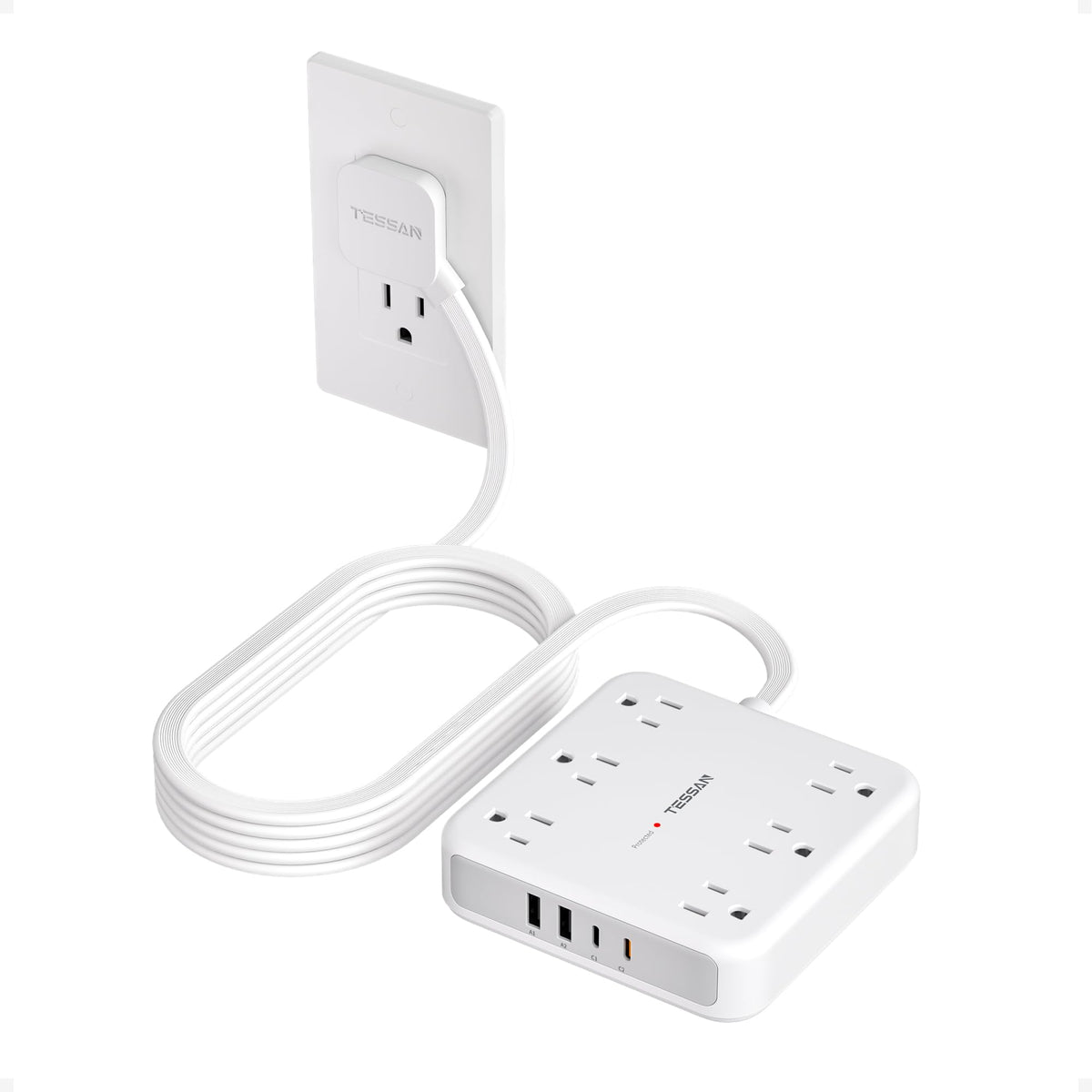 TESSAN Surge Protector Power Strip, 5Ft Flat Plug Extension Cord, White