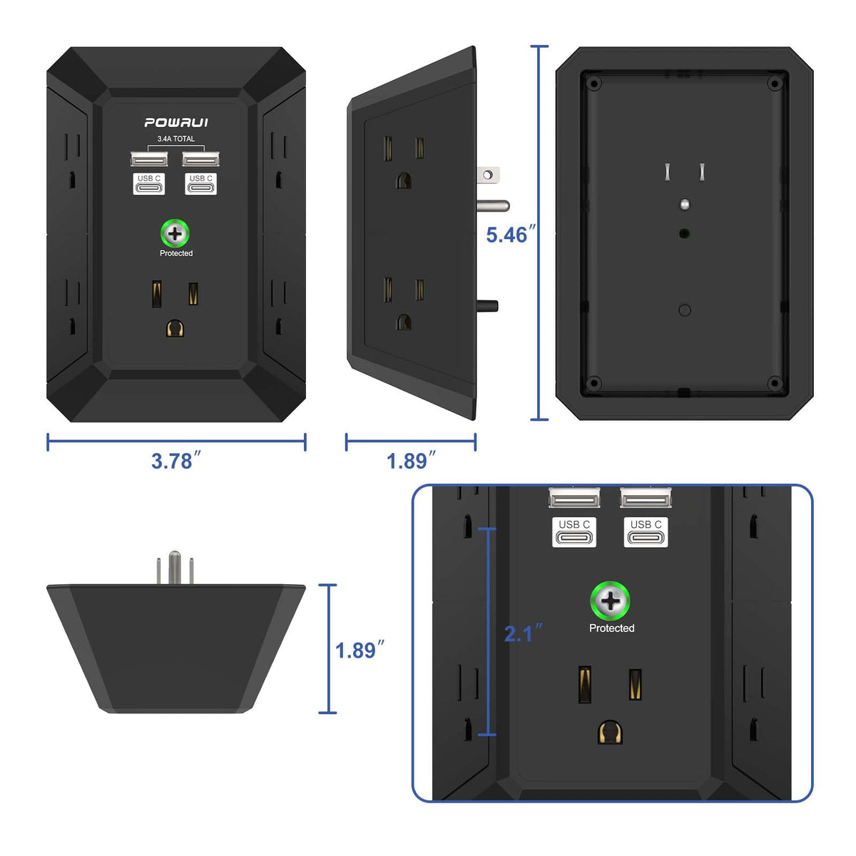 Multi Plug Wall Outlet Night Light, POWRUI 6 Outlet Extender & 3 USB Ports