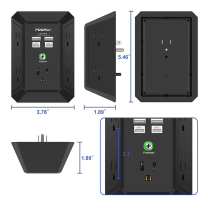 Multi Plug Wall Outlet Night Light, POWRUI 6 Outlet Extender & 3 USB Ports