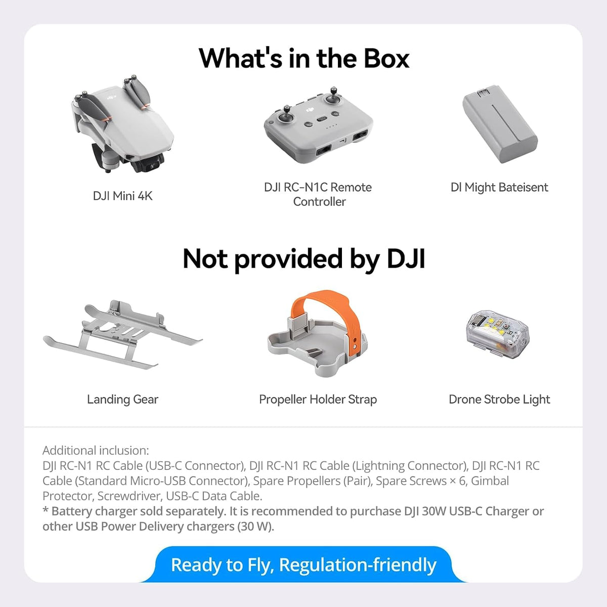 DJI Mini 4k Drone with Strobe Light, Landing Gear, Propeller Holder Strap