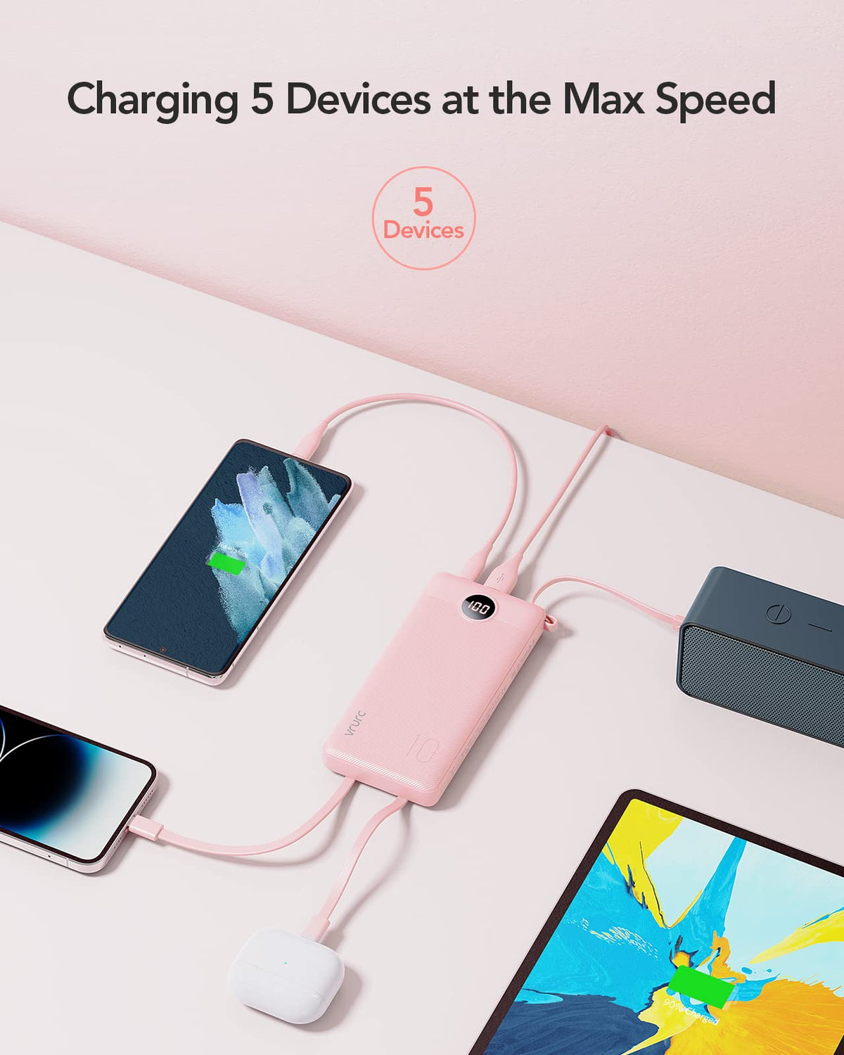 VRURC Portable Charger, Built in 4 Cables & Lanyard Power Bank 10000mAh