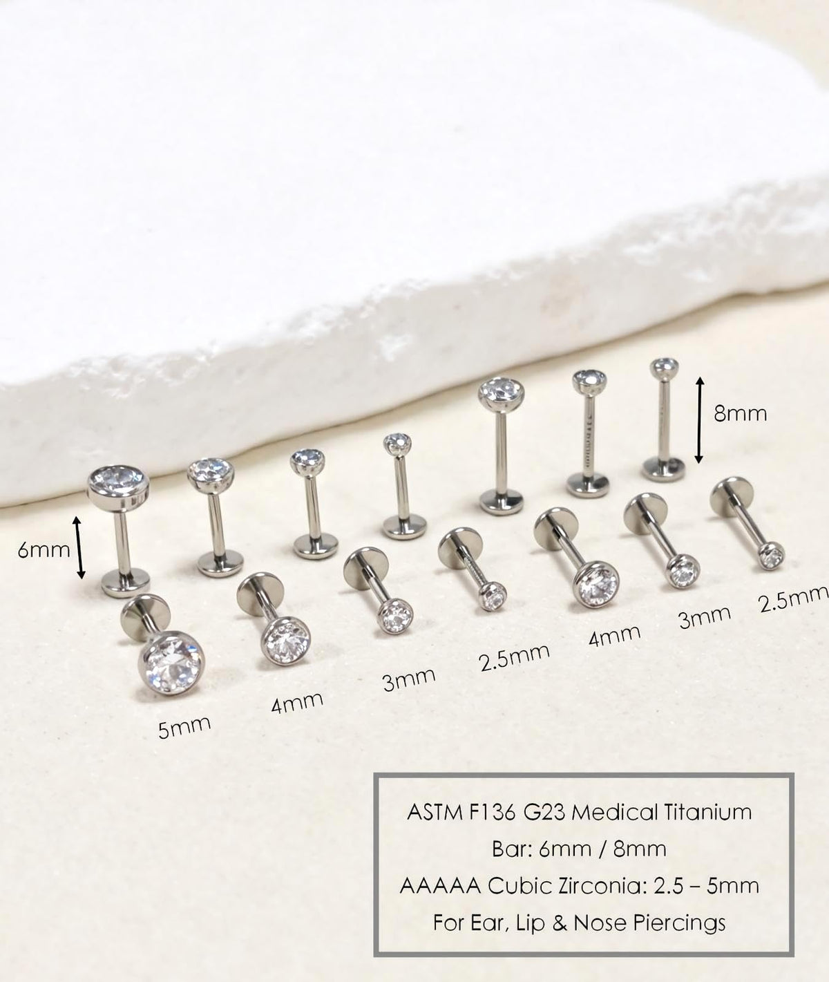 2Pcs Implant Titanium Threadless Flat Back 5A CZ Stud Earrings
