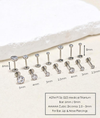 2Pcs Implant Titanium Threadless Flat Back 5A CZ Stud Earrings