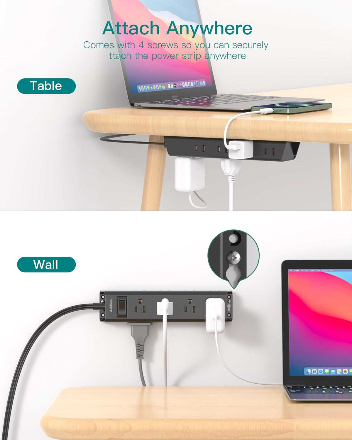 Flat Plug Power Strip, Ultra Thin Flat Extension Cord - 12 Outlets 3 Sides