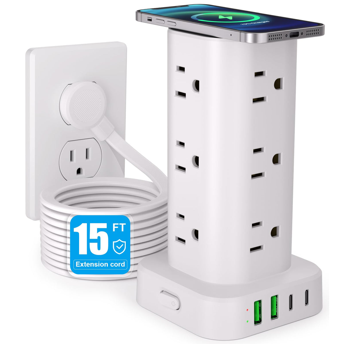 6FT Power Strip Tower Surge Protector, 12 Wide Spaced Outlets, 4 USB