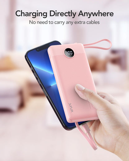 VRURC Portable Charger, Built in 4 Cables & Lanyard Power Bank 10000mAh
