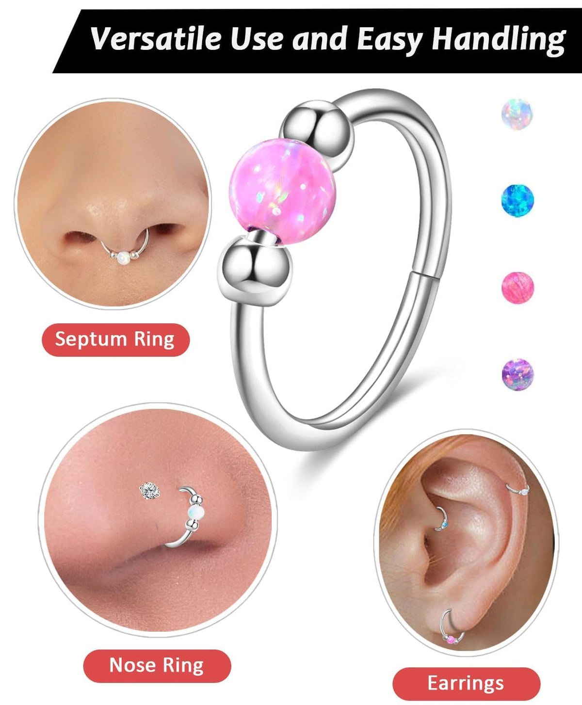2PCS 18G Opal Cartilage Hoop Earrings, Hypoallergenic Silver Huggie Hoops