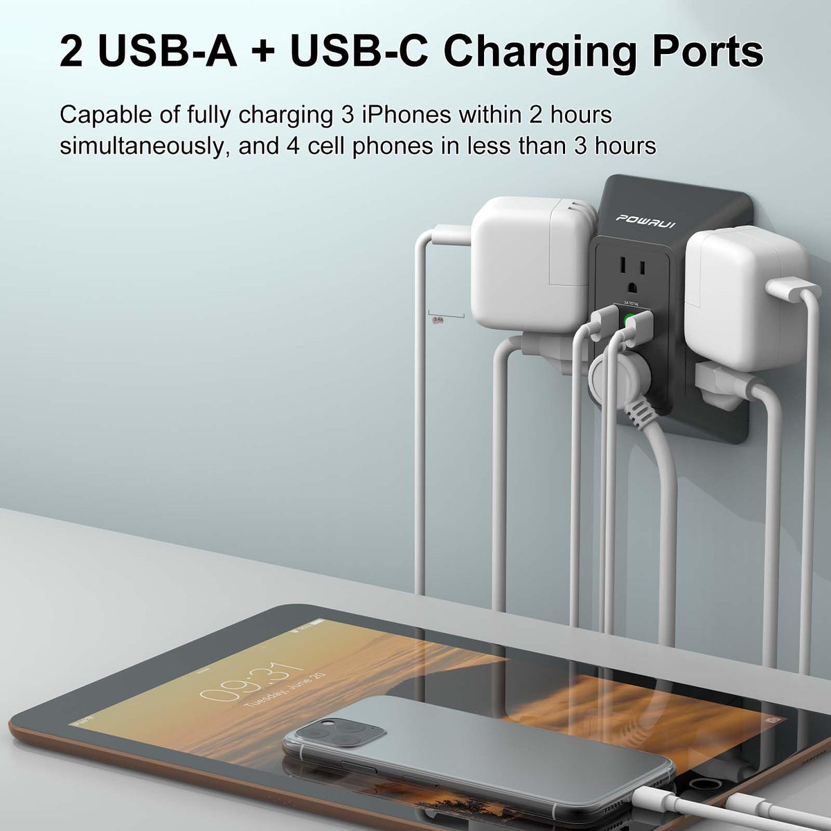 Multi Plug Wall Outlet Night Light, POWRUI 6 Outlet Extender & 3 USB Ports
