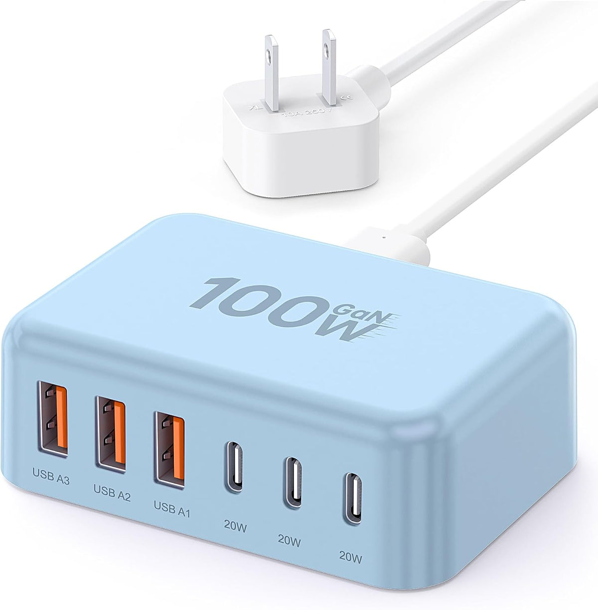 USB Fast Charger Block 50% Smaller 100W Max 6-Port GaN USB Charging Station