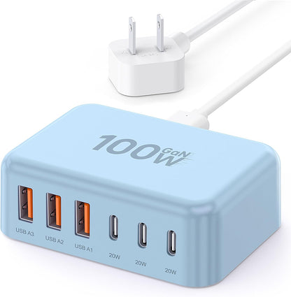 USB Fast Charger Block 50% Smaller 100W Max 6-Port GaN USB Charging Station
