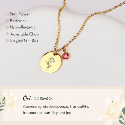 Birth Flower Necklaces for Women, 18K Gold Plated Birthstone Necklaces