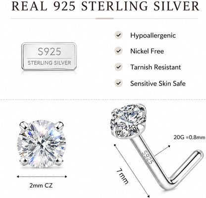 925 Sterling Silver Nose Ring Stud for Women, 18G/20G/22G/24G, L Shaped
