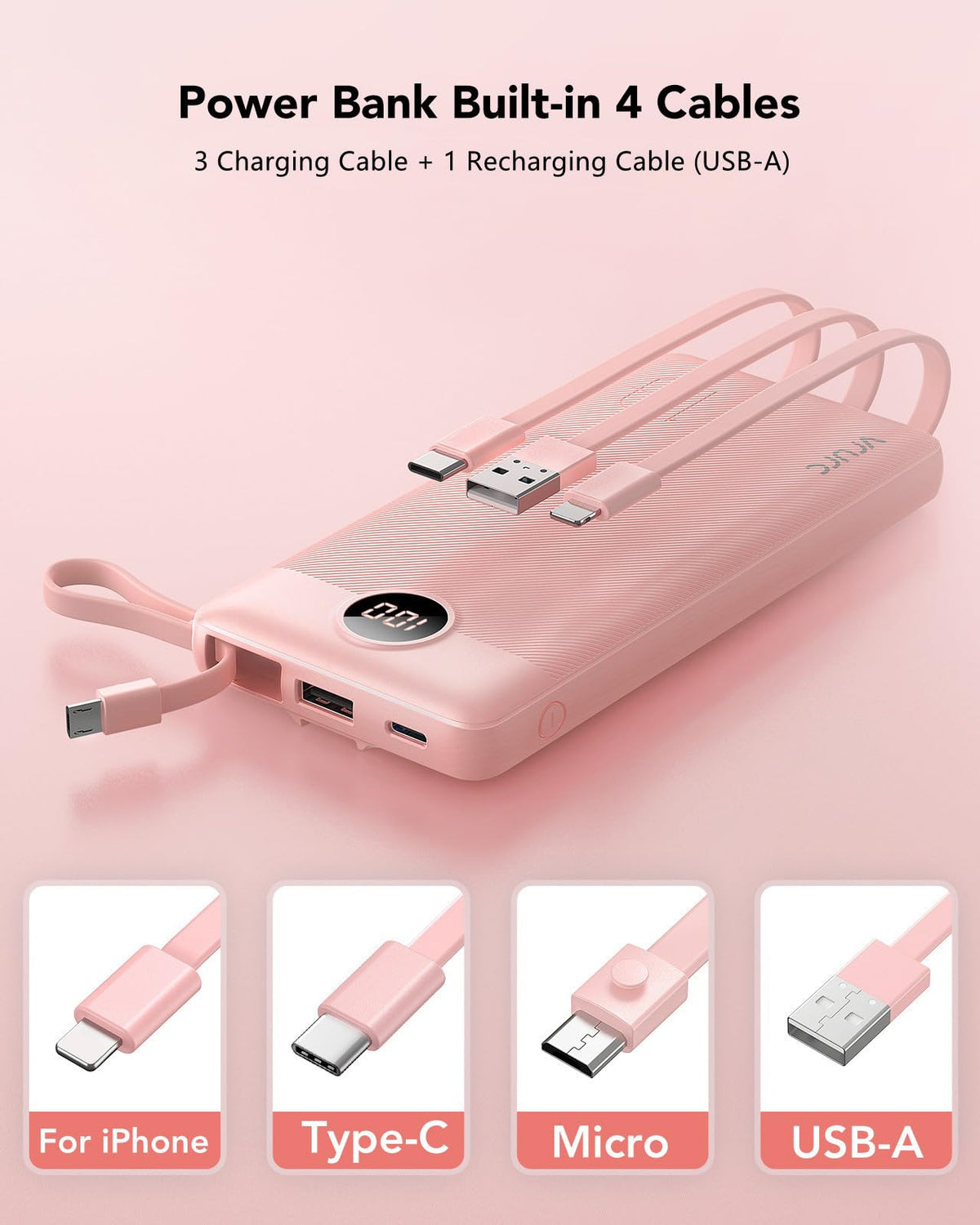 VRURC Portable Charger, Built in 4 Cables & Lanyard Power Bank 10000mAh