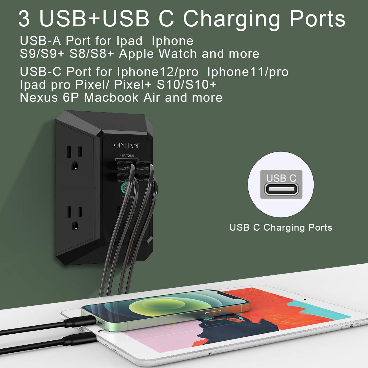 Surge Protector, QINLIANF 5 Outlet Extender with 4 USB Ports(2USB-C)