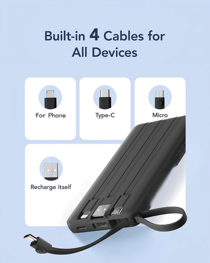 VRURC Portable Charger, Built in 4 Cables & Lanyard Power Bank 10000mAh