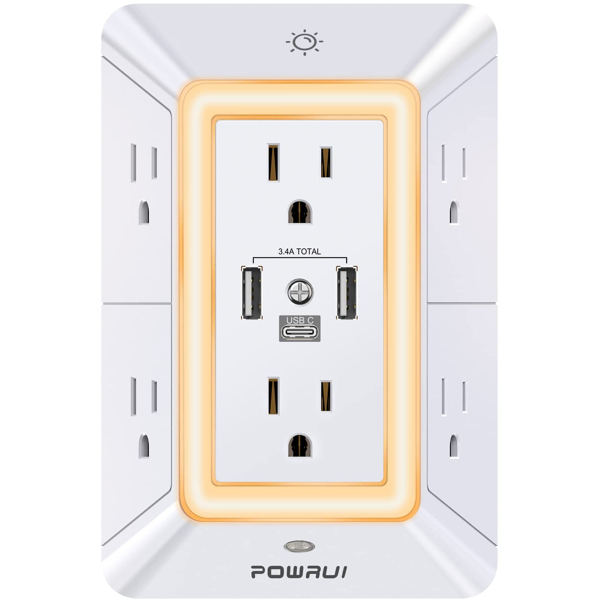 Multi Plug Wall Outlet Night Light, POWRUI 6 Outlet Extender & 3 USB Ports