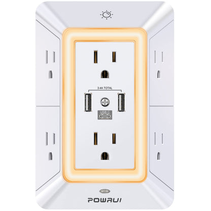 Multi Plug Wall Outlet Night Light, POWRUI 6 Outlet Extender & 3 USB Ports