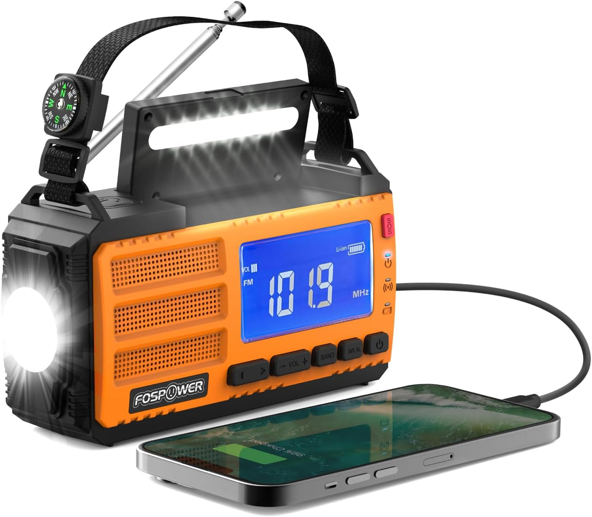 FosPower NOAA Emergency Weather Radio D8 37000mWh Portable Power Bank, AM/FM, USB/Solar/Hand Crank Charging, SOS Alarm & Flashlight for Indoor/Outdoor Emergency - Orange