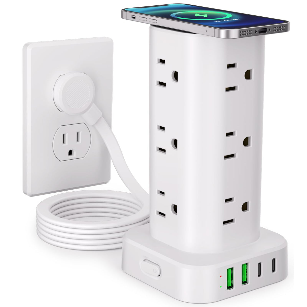 6FT Power Strip Tower Surge Protector, 12 Wide Spaced Outlets, 4 USB