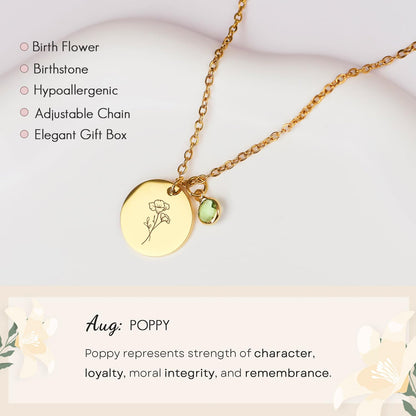 Birth Flower Necklaces for Women, 18K Gold Plated Birthstone Necklaces