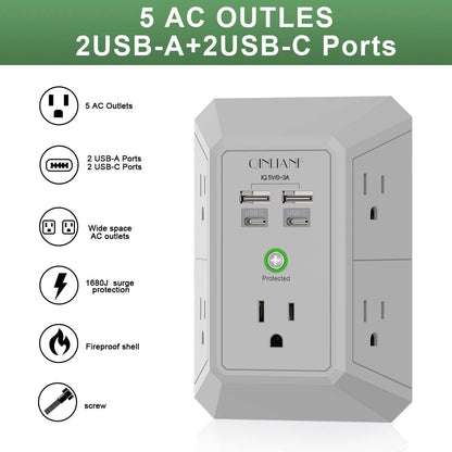 Surge Protector, QINLIANF 5 Outlet Extender with 4 USB Ports(2USB-C)