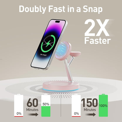 【Adjustable Blue Ambient Light】 Wireless Charger 3 in 1 for iPhone, Magnetic Charging Station for Apple Family,15W Fast MagSafe Charger Stand,for iPhone17-12-iWatch AirPods Series