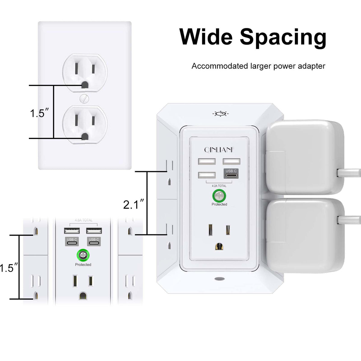 Surge Protector, QINLIANF 5 Outlet Extender with 4 USB Ports(2USB-C)