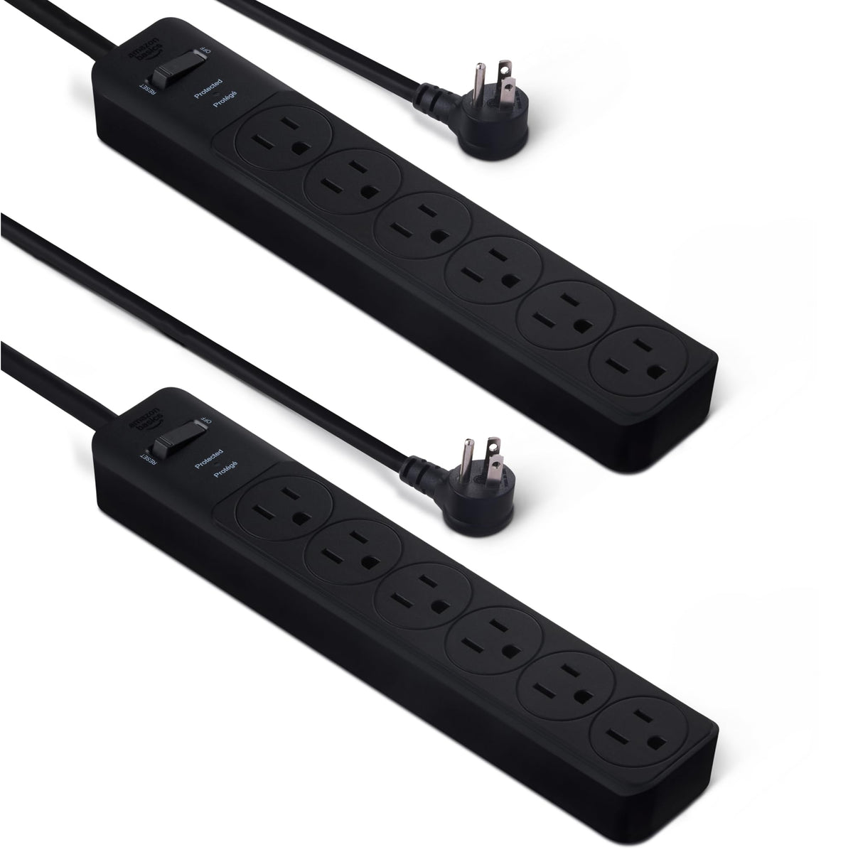 Amazon Basics Surge Protector Power Strip, 6-Outlet with 200J Protection, Circuit Breaker, LED Indicator, On/Off Switch, Wall-Mounting, 2ft Extension Cord, White, 2-Pack
