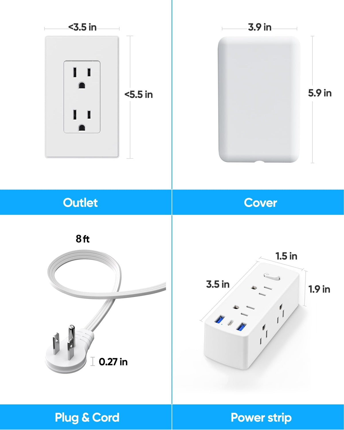 Split Extension Cord with Outlet Cover (10FT, Dual 5FT), Flat Plug Power Strip with 6 Outlets and 3 USB Ports, Outlet Extender for Tight Spaces