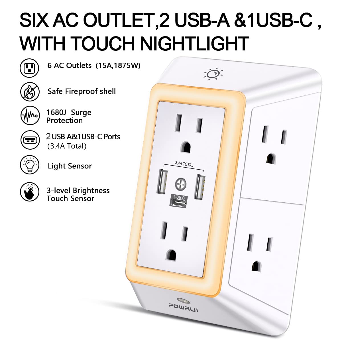 Multi Plug Wall Outlet Night Light, POWRUI 6 Outlet Extender & 3 USB Ports